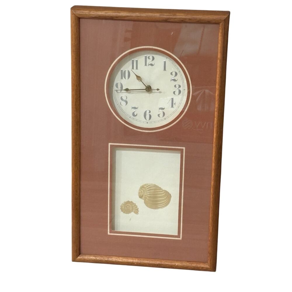 Boho 1970s Gold SHELL Wall CLOCK SOLID OAK FRAME Vintage BY FIJI —Works!—